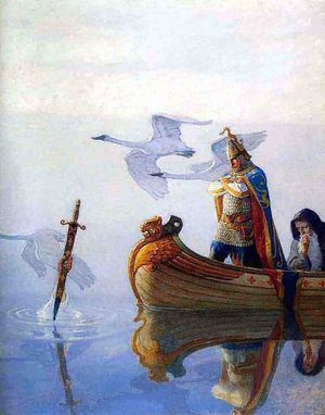 Arthur and Merlin in a boat, a hand reaching out of the water holding a sword