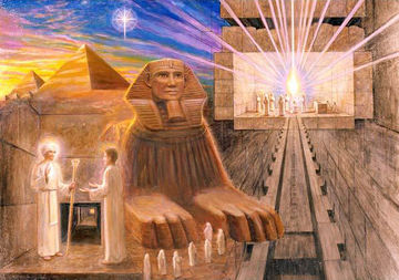 Serapis Bey with an initiate, whith the Sphinx, the Great Pyramid and the King's Chamber